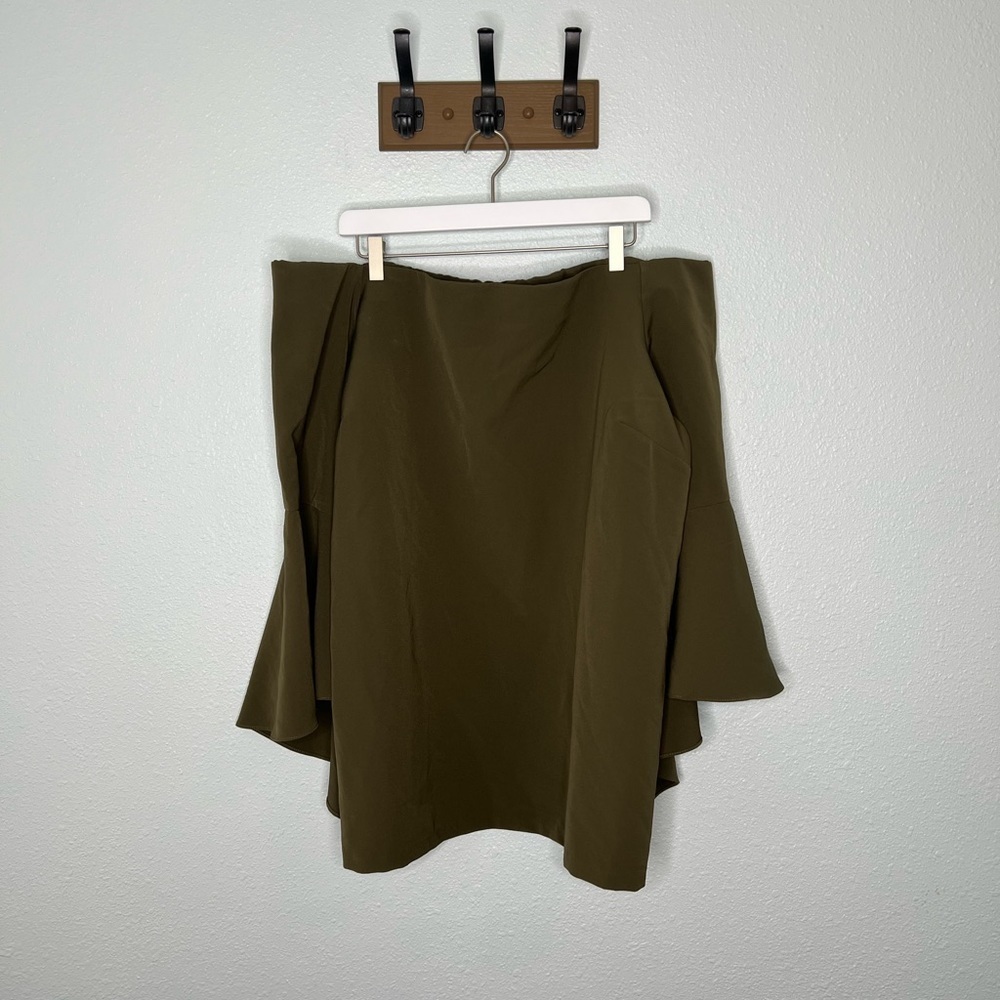 Eloquii Olive Green Flare Sleeve Off The Shoulder Blouse - Picture 2 of 8